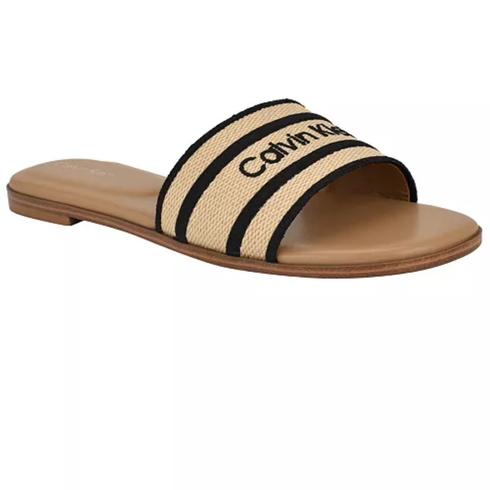 Calvin Klein Women's Black and Tan Slide Sandals